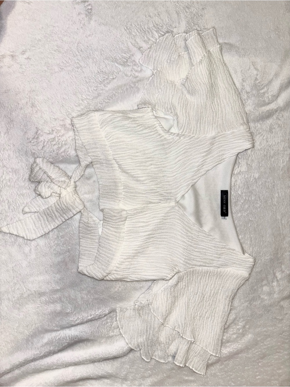 White Textured Tie-Front Ruffle Sleeve Top